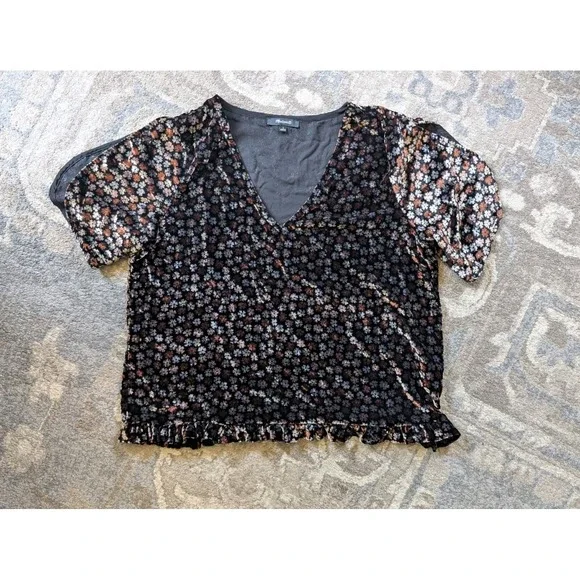 Madewell Velvet Tulip-Sleeve Ruffle Top in Petite Blooms Plus SZ Large - Picture 1 of 10